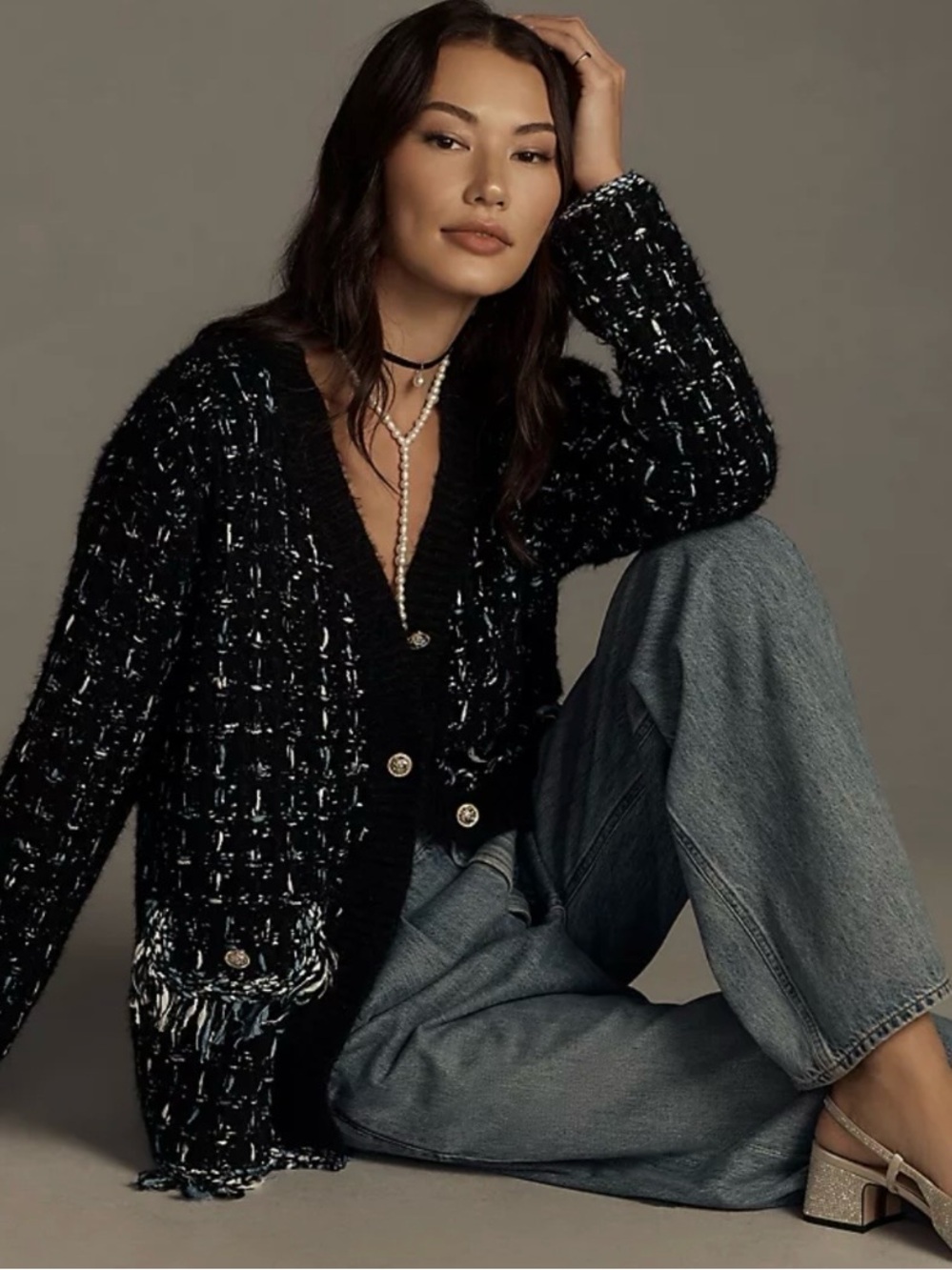 Anthropologie Tweed Fringe Oversized Cardigan Sweater Black Blue size XL